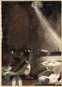 ""Le the de cinq heures a la morgue"" (Kello viisi teetä ruumishuoneessa) Gravure de Karlis Padegs (1911-1940) - 1935 Dim 34x24 cm Latvian tasavallan valtion taidemuseo, Riga Lettonie