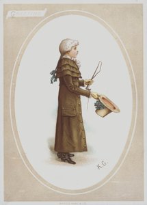 Poika pitkässä ruskeassa takissa, peruukki, pitelee hattua ja metsästyspiiskaa (väri litho) tekijältä Kate (after) Greenaway