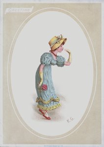 Tyttö sinisessä mekossa, olkipäällinen, pitelee ruusua (väri litho) tekijältä Kate (after) Greenaway