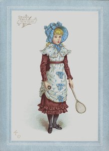Tyttö mekossa ja konepellissä, kädessään sulkapallo ja maila (väri litho) tekijältä Kate (after) Greenaway