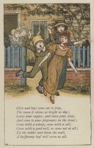 Tytöt ja pojat tulevat ulos leikkimään (väri litho) tekijältä Kate (after) Greenaway