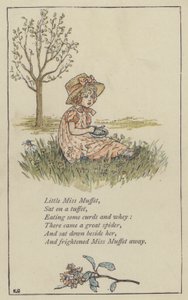 Little Miss Muffet (väri litho) tekijältä Kate (after) Greenaway