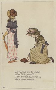 Lucy Medaljonki, menetti taskunsa (väri litho) tekijältä Kate (after) Greenaway