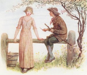 Two at a Stile (värilitografia) tekijältä Kate (after) Greenaway