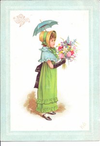 Viktoriaaninen onnittelukortti, jossa on tanssivia lapsia juhla-asussa, n.1880