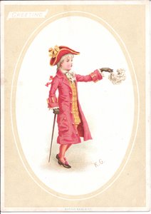 Viktoriaaninen onnittelukortti, jossa lapset istuvat ruokapöydän ääressä, kun yksi kokiksi pukeutuneista teroittaa veistä, noin 1880. tekijältä Kate Greenaway