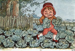 Tonttu varastaa kaalia kasvimaasta. (Goblin varastaa kaalia). Kate Greenawayn (1846-1901) kuvitus lasten satujen ja lorujen kirjasta "" Under The Window" (1879), toimittanut Edmund Evans.