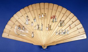 Suuri puinen Brise-viuhka, joka on maalattu väreillä erilaisten lastenryhmien kanssa, tekijältä Kate Greenaway