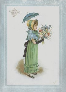 Tyttö vihreässä mekossa, kädessään päivänvarjo ja kukkakimppu tekijältä Kate Greenaway