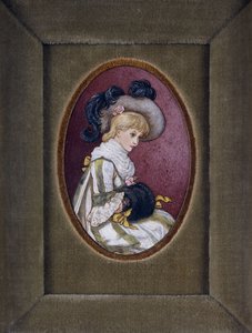 Soikea muotokuva blondista tytöstä, jolla on hattu ja kädet muhvinsa sisällä tekijältä Kate Greenaway