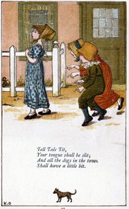 Kertokaa tissi / kielesi on viillettävä: Kate Greenawayn (1846-1901) kuvitus lastenlorukirjaan. Kromolitografia tekijältä Kate Greenaway