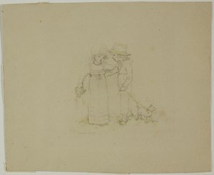Kaksi lasta koiran kanssa tekijältä Kate Greenaway