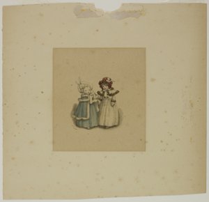 Kaksi pientä tyttöä turkisreunustettuun takkiin tekijältä Kate Greenaway