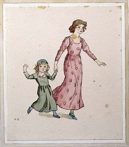 Kaksi pientä tyttöä juhlamekoissa (akvarelli paperille) tekijältä Kate Greenaway