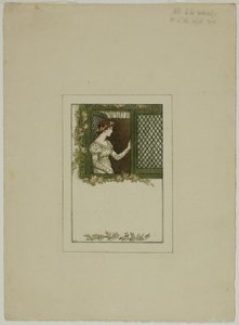 Nainen ristikkoikkunassa tekijältä Kate Greenaway