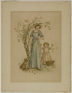 Nainen luudan ja pikkutytön kanssa tekijältä Kate Greenaway