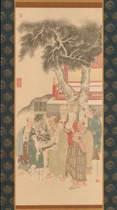 Kymmenen rakania tutkimassa maalausta valkovaatisesta Kannonista, 1792. tekijältä Kato Nobukiyo
