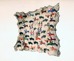 Pohjois-Amerikan Shoshone Indian hirvennahka, joka esittää puhvelinmetsästystä 1900-luvulta tekijältä Katsikodi