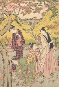 Nuori mies, kaksi nuorta naista ja tyttö piknikbileissä, n. 1789. tekijältä Katsukawa Shuncho