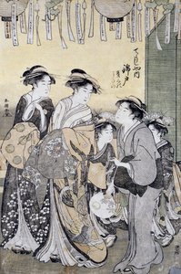 Kurtesaani Nishikido Chojiyan teehuoneesta naisten ympäröimänä, 1700-luvun loppu, Ukiyo-e-taideprintti, Katsukawa Shuncho (toiminut 1780-1800), Oban-tate-e-puupiirros, 37x26 cm, japanilainen sivilisaatio, yksityiskohta tekijältä Katsukawa Shuncho