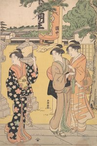 Messuvieraat buddhalaisen temppelin rakennuksessa, n. 1789. tekijältä Katsukawa Shuncho