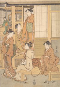 Ryhmä nuoria naisia Tea Housen verannalla, 1700-luvun loppu. tekijältä Katsukawa Shuncho