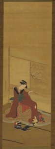Sisustus: tyttö ja kissanpentu, Edo-kausi, 1700-luvun loppu. tekijältä Katsukawa Shuncho