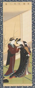 Sisustus: nainen auttamassa tyttöä pukeutumaan, Edo-kausi, 1726-1792.