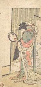 Kurtesaani katselee heijastustaan käsipeilissä, n. 1787. tekijältä Katsukawa Shun