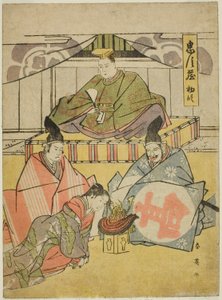 Ensimmäinen näytös: Tsurugaoka Hachiman Shrine näytelmästä Chushingura (Treasury of the Forty-seven Loyal Retainers). tekijältä Katsukawa Shun