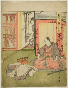 Toinen näytös: Momonoi Wakasanosuken asuintilat näytelmästä Chushingura (Treasury of the Forty-seven Loyal Retainers). tekijältä Katsukawa Shun