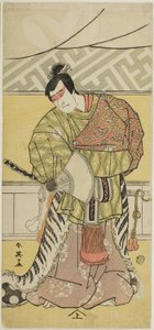 Näyttelijä Sakata Hangorô III Takechi Mitsuhiden roolissa elokuvassa "Muromacho Chronicle in Kana Script" ("Kanagaki Muromachi bundan"). tekijältä Katsukawa Shun