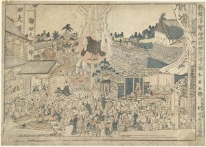 Näkymä festivaalista Myojin-pyhäkössä Kandassa Kanda Myojin sairei no zu (otsikko esineessä) Perspektiiviprinttien uusia numeroita Shinpan uki-e (sarjan nimi esineessä)