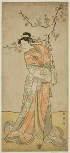 Näyttelijä Ichikawa Ebizo (Danjuro V) Iwafujin odottajana näytelmässä Gozen-gakari Sumo Soga, joka esitettiin Kawarazakin teatterissa ensimmäisenä kuukautena vuonna 1793 (). tekijältä Katsukawa Shun