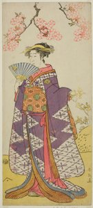 Näyttelijä Ichikawa Komazo II Lady Shiragikun henkenä näytelmässä Hatsu Midori Saiwai Soga, joka esitettiin Kawarazakin teatterissa kolmannella kuukaudella vuonna 1791. tekijältä Katsukawa Shun