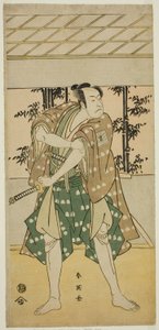 Näyttelijä Ichikawa Omezo I venemies Takihein () roolissa näytelmässä Ofunamori Ebi no Kaomise (), joka esitettiin Kawarazakin teatterissa () yhdentenätoista kuukautena vuonna 1792 (). tekijältä Katsukawa Shun