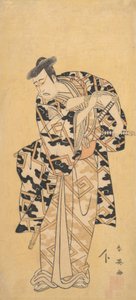 Näyttelijä Ichikawa Yaozo III hahmona Fuwa Banzaemon ukkonen kaapussa, leikkii tuulettimen kanssa, 1794.