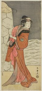 Näyttelijä Iwai Hanshiro IV roolissa Yaegushi no Oroku () näytelmässä Keisei Kogane no Hakarime (), joka esitettiin Kawarazakin teatterissa () vuoden 1792 kolmannella kuukaudella (). tekijältä Katsukawa Shun