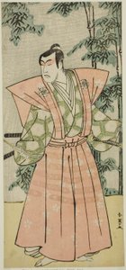 Näyttelijä Matsumoto Koshiro IV Hatakeyama Shigetada naamioituneena Honjo Soheijiksi () näytelmässä Edo no Fuji Wakayagi Soga (), joka esitettiin Nakamura-teatterissa () ensimmäisenä kuukautena vuonna 1789 (). tekijältä Katsukawa Shun