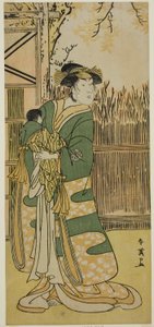 Näyttelijä Nakayama Tomisaburo I rouva Tokiwana (Tokiwa Gozen) () näytelmässä Kimmenuki Genke no Kakutsuba (), joka esitettiin Ichimura-teatterissa () yhdentenätoista kuukautena vuonna 1791 (). tekijältä Katsukawa Shun