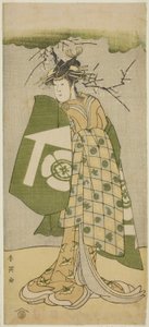 Näyttelijä Osagawa Tsuneyo II roolissa Oiso no Tora näytelmässä Gohiiki no Hana Aikyo Soga, joka esitettiin Kawarazakin teatterissa ensimmäisenä kuukautena vuonna 1794. tekijältä Katsukawa Shun