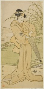 Näyttelijä Yamashita Kinsaku II Okayana näytelmässä Yomogi Fuku Noki no Tamamizu, joka esitettiin Kiri-teatterissa viidentenä kuukautena vuonna 1795. tekijältä Katsukawa Shun