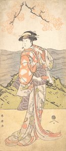 Neljäs Iwai Hanshiro naisena seisovana kirsikkapuun alla, n. 1792 tekijältä Katsukawa Shun