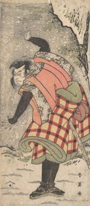 Tuntematon näyttelijä kyokakuna seisovana kallion juurella lumimyrskyssä, n. 1793. tekijältä Katsukawa Shun