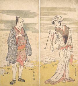 Kaksi näyttelijää: Neljäs Matsumoto Koshiro lyhyeen kimonoon pukeutuneena miehenä [vasemmalla], 1779.