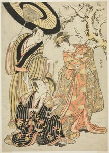 Näyttelijät Iwai Hanshirô IV, Ichikawa Monnosuke II ja Sakata Hangorô III elokuvassa "Lumihiutaleet: Raising the Standard at Izu" ("Mutsu no Hana Izu no Hataage"). tekijältä Katsukawa Shunkо̄