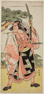 Näyttelijä Ichikawa Danjuro V roolissa Kajiwara Genta Kagesue näytelmässä Yuki Nazuna Saiwai Soga, joka esitettiin Kiri-teatterissa ensimmäisenä kuukautena vuonna 1787. tekijältä Katsukawa Shunkо̄