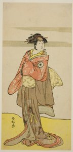 Näyttelijä Iwai Hanshiro IV Hitomarun roolissa geisha Oshuniksi naamioituneena näytelmässä Edo no Hana Mimasu Soga, joka esitettiin Nakamura-teatterissa kolmannella kuukaudella vuonna 1783. tekijältä Katsukawa Shunkо̄