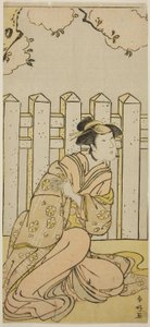 Näyttelijä Osagawa Tsuneyo II Onoen roolissa näytelmässä Haru no Nishiki Date-zome Soga, joka esitettiin Nakamura-teatterissa neljäntenä kuukautena vuonna 1790. tekijältä Katsukawa Shunkо̄