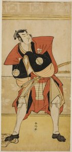Näyttelijä Sakata Hangoro III Omi no Kotodana näytelmässä Haru no Nishiki Date-zome Soga, joka esitettiin Nakamura-teatterissa toisena kuukautena vuonna 1790. tekijältä Katsukawa Shunkо̄